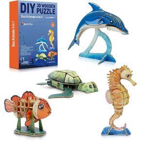 DIY 3D Wooden Puzzle Bundle– Colorful Sea Animals Models Building Kits for Kids & Adults- Educational STEM Brain Teasers Puzzles - Wood Crafts Gifts for Boys and Girls- Ages 8-9-10-11-12