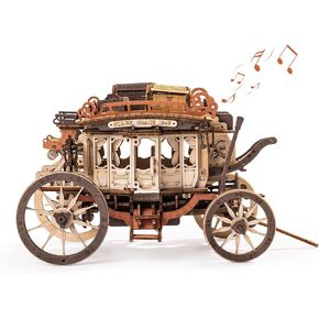 ROBOTIME Stagecoach Wooden Music Box Puzzle AMKA1, Valentines Day Gift 3D Wooden Puzzles for Adults, Mechanical 3D Model to Build, Birthday Anniversary Day Gift Hobby STEM Kits