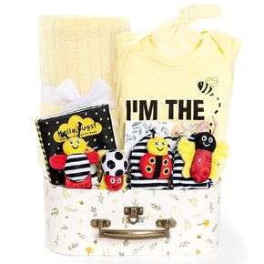 Baby Gift Set for Newborn, Bee Basket, High Contrast Baby Book Toys 0-6 Months Infant Rattle Socks Blanket Hat Onesie Baby Gifts Essentials for Girls Boys