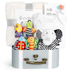 Baby Gift Set for Newborn, Bee Basket, High Contrast Baby Book Toys 0-6 Months Infant Rattle Socks Blanket Hat Onesie Baby Gifts Essentials for Girls Boys