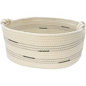 Fhiny Cotton Rope Dog Toy Basket with Handle Puppy Toys Storage Bin Small Woven Rectangle Diapers Pet Kitty Bed Perfect for Carry Pet Chew Toys Blankets Leashes Doggie Stuff - Beige M