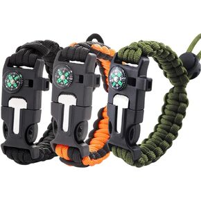 DIHAIMI Paracord Survival Bracelet (3 Pieces), Adjustable, Practical Five Functions, Fire Starter, Loud Whistle, Reliable Compass, Rope Cutter, Reliable Paracord