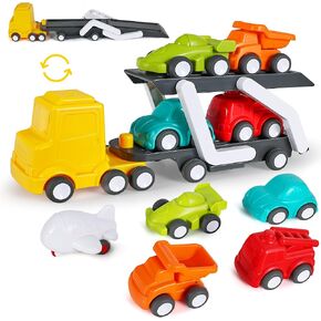 iPlay, iLearn Car Carrier Truck Toy for Toddler 1-3, Baby Push Go Cars for 2 Year Old Bos, Big Transport Flatbed Trailer Truck Set W/ 5 Play Vehicles, Easter Birthday Gift 1 2 3 4 Yr Kid Girl Children