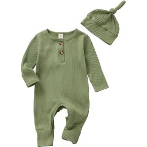 BULINGNA Newborn Infant Baby Boy Girl Long Sleeve Knit Ribbed Jumpsuit Solid Color Gender Neutral Baby Clothes with Hat