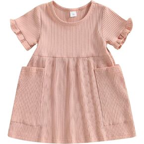 JLKGICF Toddler Baby Girl Dresses Ruffle Sleeve Solid Ribbed Casual Dress Cute Summer Sundress with Pocket for Girls