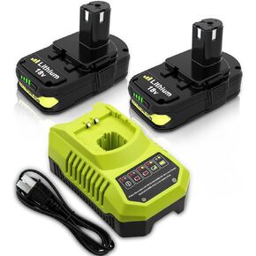 2 Pack 3000mAh P102 Battery Replacement for Ryobi 18V Lithium Battery and and P117 Charger for Ryobi 9.6V-18V Lithium Ni-Cd&Ni-Mh Battery P102 P103 P104 P105 P107 P109 P108 P190 P122(Green)