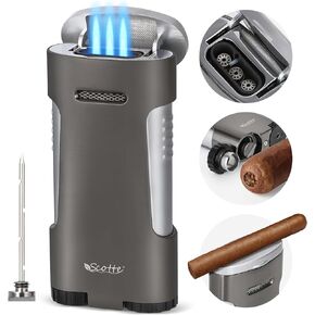 Scotte Torch Lighter, 3 Jet Flame Cigar Lighter with Cigar Holder, Cigar Punch, Cigar Draw Enhancer Refillable Butane Lighter All in One Cigar Accessories,Adjustable Windproof Lighters for Smoking