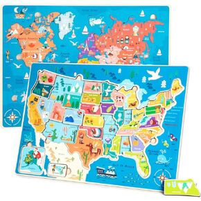2 Pack Puzzles for Kids Ages 4-6, Wooden Puzzles for Toddlers, Busy Board, Map Jigsaw Puzzle Educational Wood Floor Puzzle, World USA Maps Puzzles Toy Gift for Boys and Girls (US & World Map)