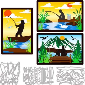 GLOBLELAND 3Set 35Pcs Fishing Cutting Dies for DIY Scrapbooking Metal Fishing Scenery Die Cuts Embossing Stencils Template for Paper Card Making Decoration Album Craft Decor