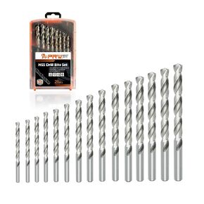 21pcs Drill Bit Set,M2 HSS,135 Degree Tip,Twist Jobber Length Drill Bits for Hardened Metal,Plastic,Cast Iron and Stainless Steel with Plastic Case 1/16"-3/8"