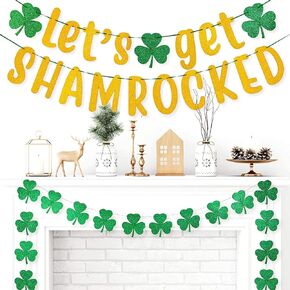 Whaline 3 قطع لافتة زينة عيد القديس باتريك مقاس 7.5 بوصة ذهبية لامعة لافتة Let's Get Shamrocked ولافتة شامروك خضراء لامعة لافتة إكليل زهرة البرسيم مجمعة مسبقًا من لوازم الحفلات المنزلية الأيرلندية، 39 قطعة