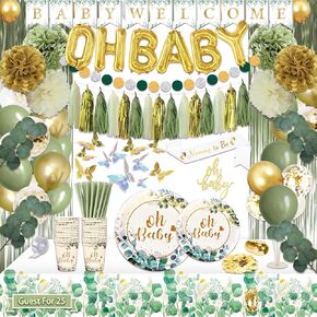 217 Pcs Sage Green Baby Shower Decorations, Neutral Baby Shower Decor Supplies- Disposable Dinnerware Set With Eucalyptus Leaf (25 Guest), "OH BABY" Banner, Balloon, Sash, Cake Topper