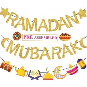 Ramadan Decorations for Home 2024 Glitter Ramadan Banner Not Need DIY Ramadan Mubarak Banner Garland Ramadan Mubarak Kareem Fireplace Decorations