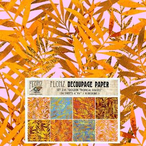 Decoupage Paper Pack (24 Sheets 6"x6") Golden Tropical Leaves # Vintage Styled Pattern Paper for Decoupage, Craft and Scrapbooking
