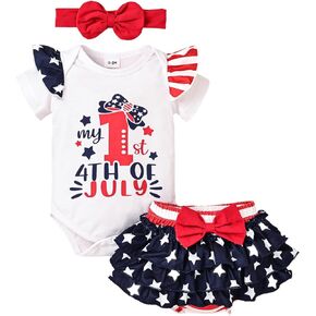CETEPY My 1st 4th of July Baby Girl Outfits Newborn Ruffle Romper + Dress Pants with Headband Infant Clothes Set 0-18 Months