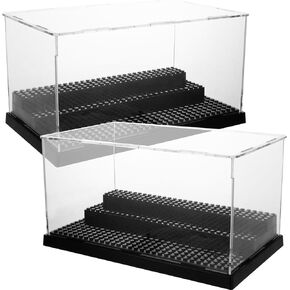 2 Pcs Acrylic Display Case with 3 Movable Steps, 10"×5.4“×6.1" Clear Display Box, Black Dustproof Show Case for Collecting Models Minifigures, Action Figures Blocks