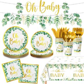 177 PCS Sage Greenery Baby Shower Party Supplies Gender Neutral Baby Shower Decorations OH Baby Banner Paper Plates Napkins Cup Cutlery Tablecloth for Girl Boy Sage Green Baby Shower Decorations