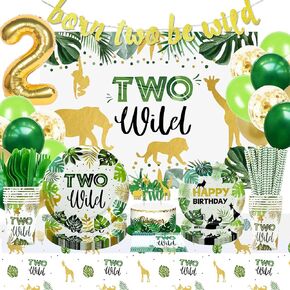 NAIWOXI Two Wild Birthday Decorations Tableware, Safari Jungle Theme 2nd Birthday Party Supplies Include Banner, Backdrop, Plates, Cups, Napkin, Tablecloth, Balloons, Cutlery, for 2 Years Old Birthday