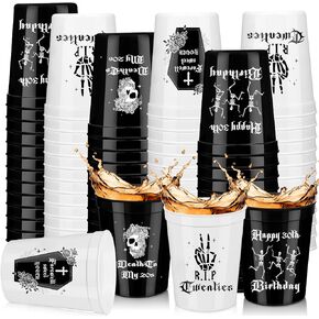 Uiifan 24 Pcs Gothic Death to My 20s Party Reusable 16 oz Thick Plastic Tumbler Cups Skull Design RIP Bachelorette Cup Black White for Rip to My 20s Birthday Decorations for 30th Party Supplies