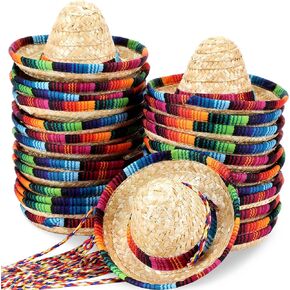 Zhanmai 25 Pack Mini Sombrero Mexican Hat Cinco De Mayo Straw Hat Party Decorations with Cord for Kid Pet Fiesta Costume