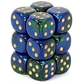 Chessex Dice d6 Sets: Gemini Blue & Green with Gold - 16mm Six Sided Die (12) Block of Dice