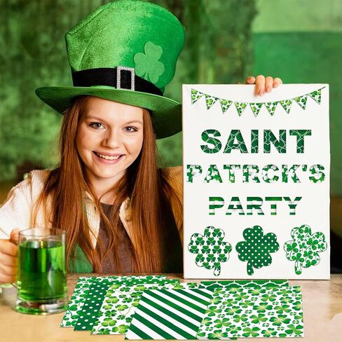 24 ورقة عيد القديس باتريك ورقة شامروك البرسيم نمط الحرفية الأيرلندية الخضراء التفاف سجل القصاصات ورقة مطوية مسطحة لصنع بطاقة DIY ألبوم صور القصاصات 24 تصميمًا 11.8 × 11.8 بوصة in Kuwait