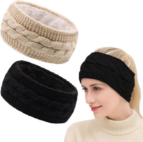 2 حزمة من عصابات الرأس الشتوية للنساء والفتيات، عصابة رأس لتدفئة الأذن، عصابة رأس متماسكة، مبطنة بالصوف الناعم، (أسود + بيج) in Kuwait