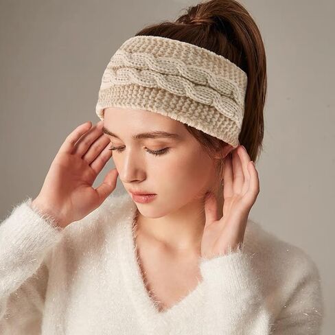 2 حزمة من عصابات الرأس الشتوية للنساء والفتيات، عصابة رأس لتدفئة الأذن، عصابة رأس متماسكة، مبطنة بالصوف الناعم، (أسود + بيج) in Kuwait