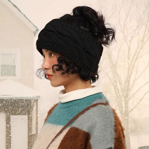 2 حزمة من عصابات الرأس الشتوية للنساء والفتيات، عصابة رأس لتدفئة الأذن، عصابة رأس متماسكة، مبطنة بالصوف الناعم، (أسود + بيج) in Kuwait
