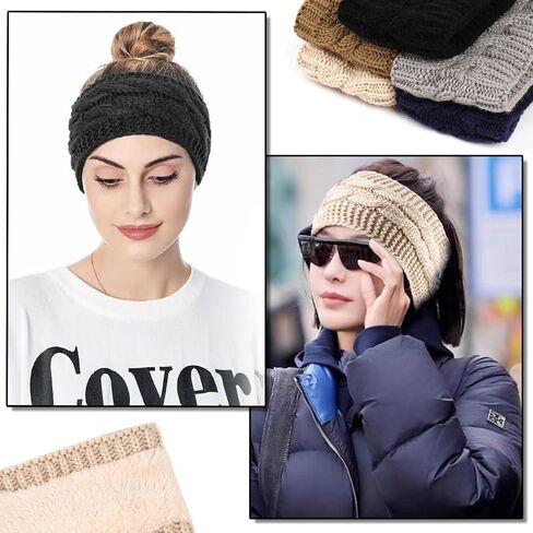 2 حزمة من عصابات الرأس الشتوية للنساء والفتيات، عصابة رأس لتدفئة الأذن، عصابة رأس متماسكة، مبطنة بالصوف الناعم، (أسود + بيج) in Kuwait