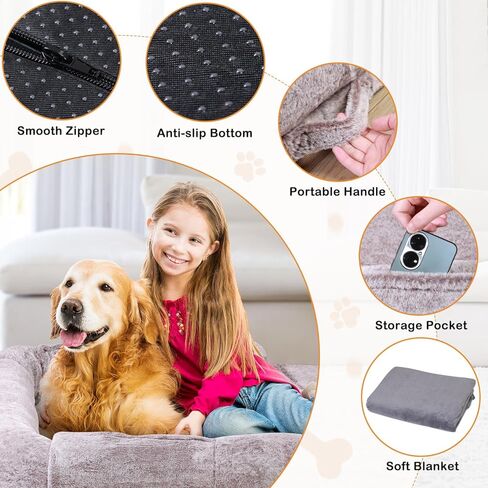 سرير كلب بشري للكبار، مقاس 72 بوصة × 44 بوصة × 12 بوصة، سرير كلب عملاق قابل للطي يناسبك أنت والحيوانات الأليفة، سرير كلب كبير من الفرو الصناعي قابل للغسل مع رغوة الذاكرة، سرير كلب لتقويم العظام بحجم بشري مع بطانية رمادية in Kuwait