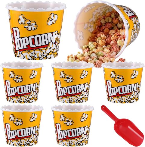 Roshtia 6 Pieces Plastic Popcorn Containers Reusable 75 oz Popcorn Bowl with Popcorn Scoop Retro Style Popcorn Boxes Red Popcorn Plastic Scoop Set for Movie Theater Night (Classic) in Saudi Arabia