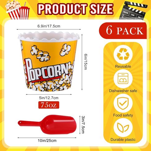 Roshtia 6 Pieces Plastic Popcorn Containers Reusable 75 oz Popcorn Bowl with Popcorn Scoop Retro Style Popcorn Boxes Red Popcorn Plastic Scoop Set for Movie Theater Night (Classic) in Saudi Arabia