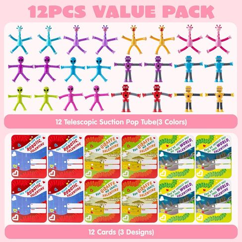 JOYIN 12 Packs Valentine's Day Telescopic Suction Pop Tube with Cards, Kids Toys Party Favors, Classroom Exchange Gift for Kids, Classroom Holiday Prizes in Saudi Arabia