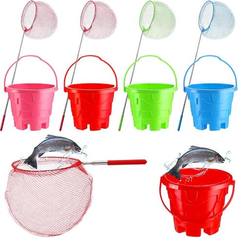 8 Pcs Kids Fishing Net Bucket Set Include 4 Pcs Telescopic Fish Net 4 Pcs Plastic Bucket, Fish Net Butterfly Net Fishing Equipment Nets for Outdoor Catching Insect Crab Playing Tools in Saudi Arabia