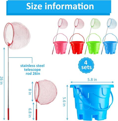 8 Pcs Kids Fishing Net Bucket Set Include 4 Pcs Telescopic Fish Net 4 Pcs Plastic Bucket, Fish Net Butterfly Net Fishing Equipment Nets for Outdoor Catching Insect Crab Playing Tools in Saudi Arabia