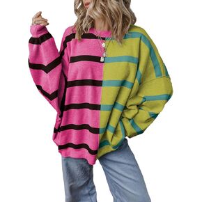 EVALESS Womens Striped Sweater Pullover Crew Neck Long Sleeve Cable Knitted Color Block Casual Loose Lightweight Sweaters