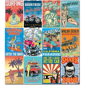 HK Studio Vintage Posters for Room Decor Aesthetic - Surfing Retro Decor 8" x 12" Pack 12