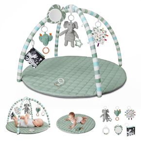 Baby Play Gym Mat, Tummy Time Activity Mat with 6 Detachable Toys for Stage-Based Sensory and Motor Skill Development, Washable Play Mats for Infant, Newborn Baby Essentials, Sage Green