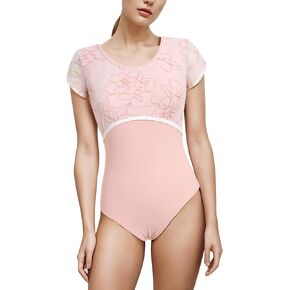 IBAKOM Ballet Leotard for Women Floral Mesh Short Sleeve Dance Leotard Adult Ballerina Outfits Active Gymnastics Leotards