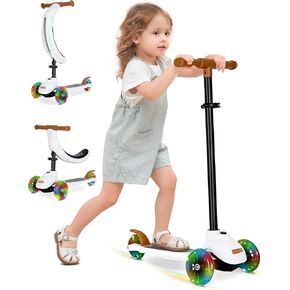 KRIDDO 5 in 1 Kids Scooter, Toddler Kick Scooter for 1 to 5 Year Old, LED Lighted Wheels, Adjustable Height, Lean-to-Steer, Indoor Outdoor Toy Gift for Boys Girls, Anti-Slip Deck Push Scooter
