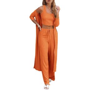 Fessceruna Womens Pajamas Set Fall Winter 3 Piece Loungewear Set Crop Top Loose Pants Cardigan
