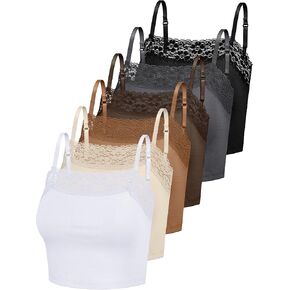 Bencailor 6 Pcs Women's Lace Camisole Spaghetti Strap Lace Bralettes Crop Tops Half Cami Top Lace Bandeau Tank Tops (White, Pink, Black,Large)
