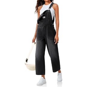 PLNOTME Womens Denim Overalls Casual Loose Fit Bib Adjustable Strap Wide Leg Capri Jean Jumpsuits