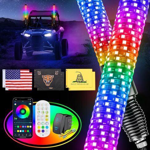 2 قطعة من أضواء سوط الدهون بطول 2 قدم لـ UTV ATV مع قاعدة زنبركية، ضوء سوط دهني LED مع مفتاح هزاز و6 أعلام، سوط هوائي مضاء للمطاردة الحلزونية أكثر سطوعًا مع تطبيق وجهاز تحكم عن بعد لـ RZR SXS Can-Am in Kuwait