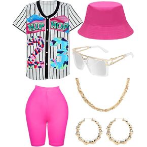 WILDPARTY 80s 90s Outfit for Women, Unisex Hip Hop Costume Baseball Jersey Shirt Yoga Pants Rapper Accessories