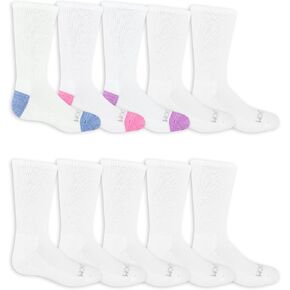 Fruit of the Loom girls 10-pair Everyday Soft Crew Casual Sock, White Multi, Medium