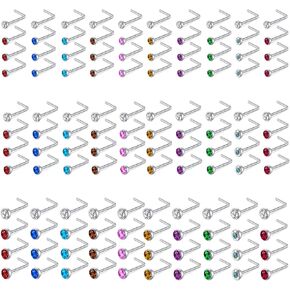 Guicjwl 180Pcs 20G Surgical Stainless Steel Nose Rings Hoops Straight/L Shapes Nose Studs 2.0/2.5/3.0mm Cubic zirconia Hypoallergenic Nose Studs Silver Gold Rose Gold Black Rainbow Blue Lip Rings Nose Rings Piercing Jewelry Set for Women Men