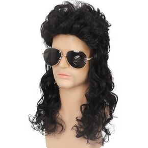 Kaneles Mens Black Mullet Wig 80s Spiked Rocker Wig Halloween Costume Punk Metal Male Hair