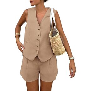 2 Piece Outfits for Women Summer Bussiness Linen Sets Sleeveless V Neck Vest Button Waistcoat and Pockets Shorts (1S-Beige-M)